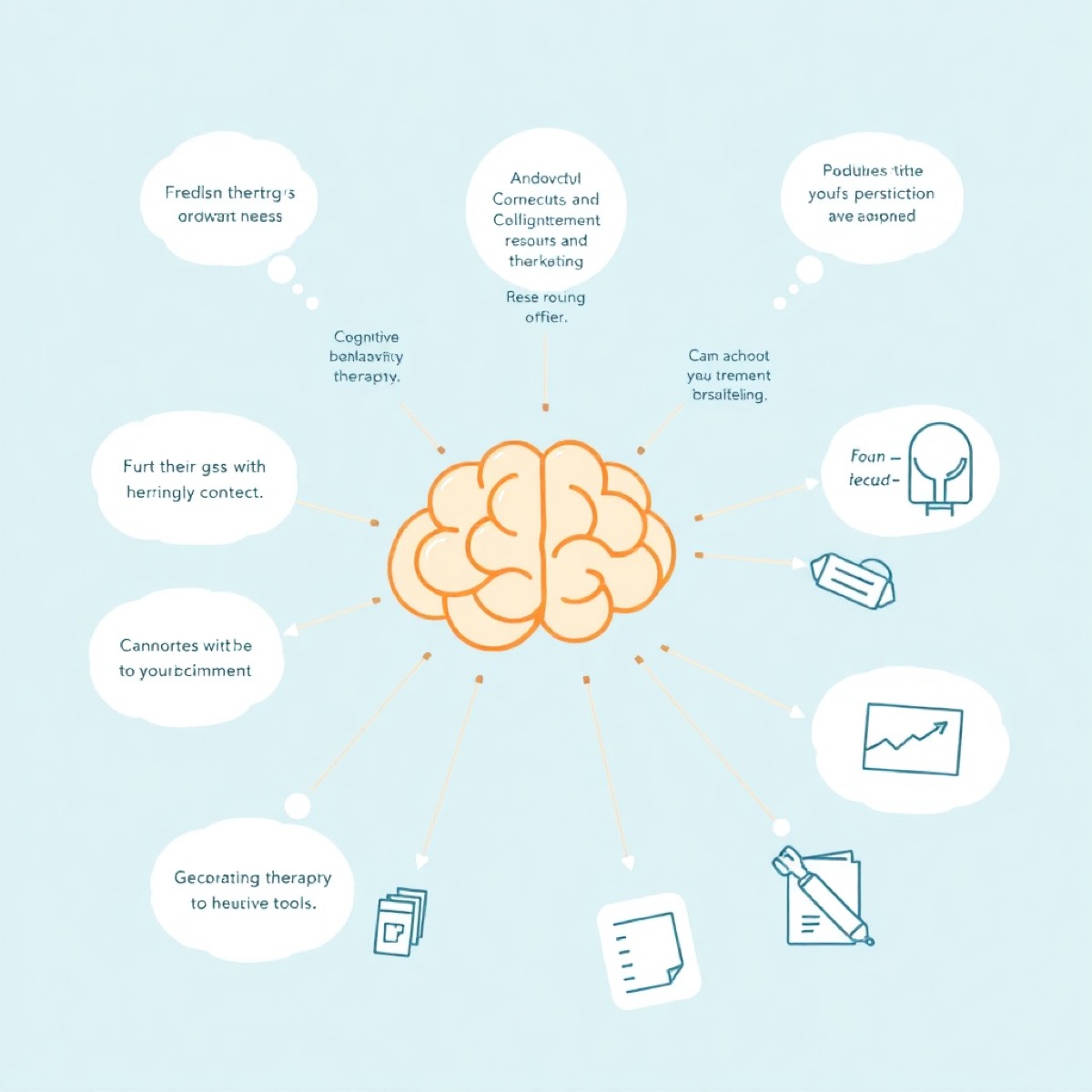 cognitive behavioural therapy session diagram with thought bubbles, brain illustration, and therapeutic tools in soft blue and teal colors